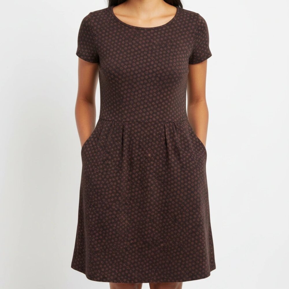 Boden Fit & Flare Dress 8P — Navy/Red Microfloral Print
